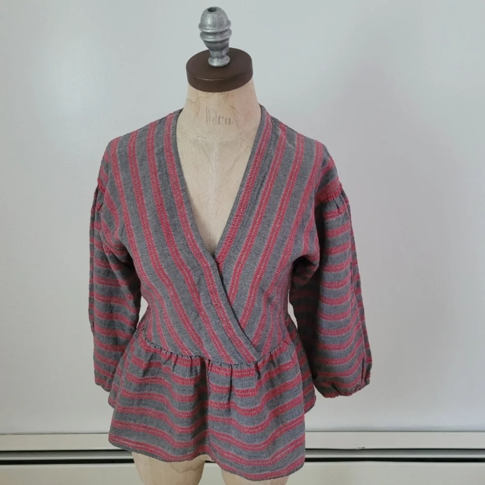 Madewell Balloon Puff Sleeve Peplum Blouse Gray Red Stripe XS